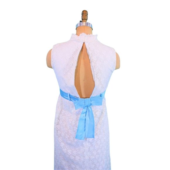 Vintage 1960s Lace Dress White Blue Bow Belt Formal Gown | B 29" - Picture 9 of 9